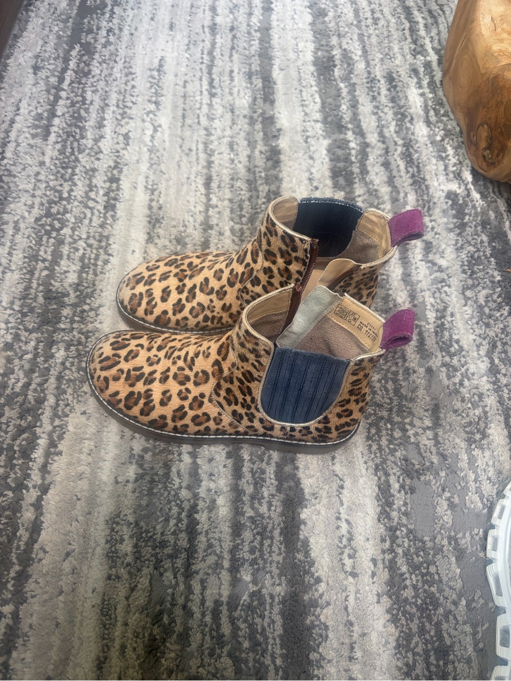 Mini Boden Leopard Print Chelsea Booties with Navy Elastic and Purple Pull Tab